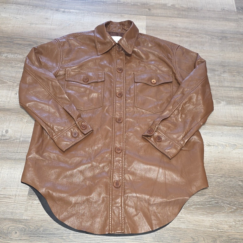 Aritzia Wilfred Ganna Vegan Leather Shirt Jacket Size M Oversized Brown